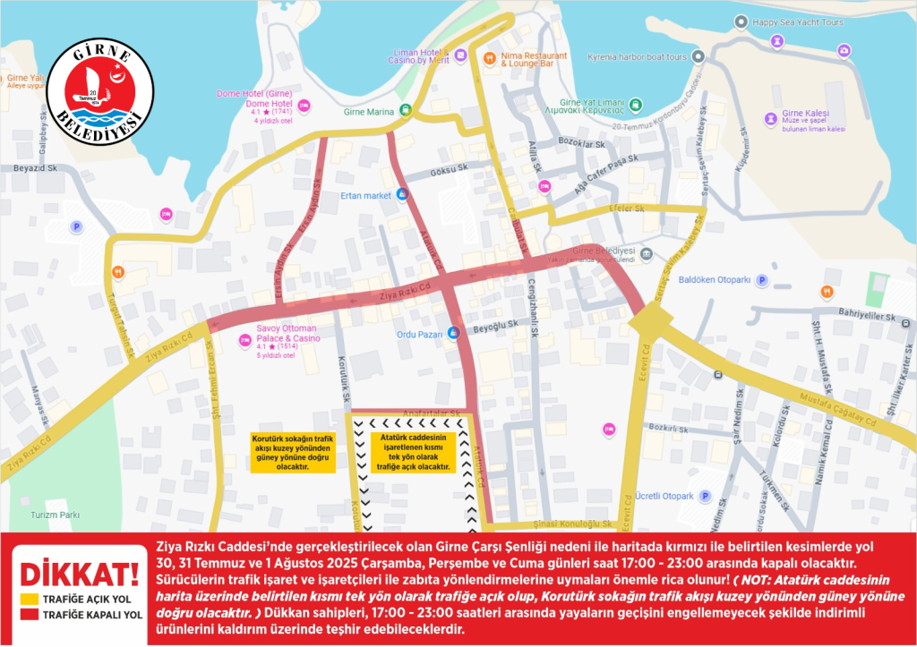 Girne Çarşı Şenliği nedeniyle bazı yollar geçici süreyle trafiğe kapatılacak